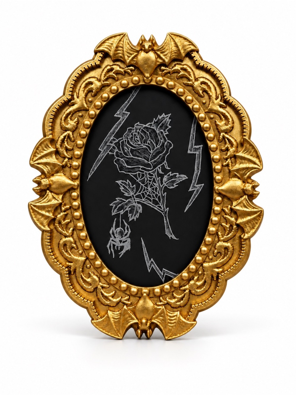 Gold Ornate Bat Frame Engraved Rose Halloween Goth